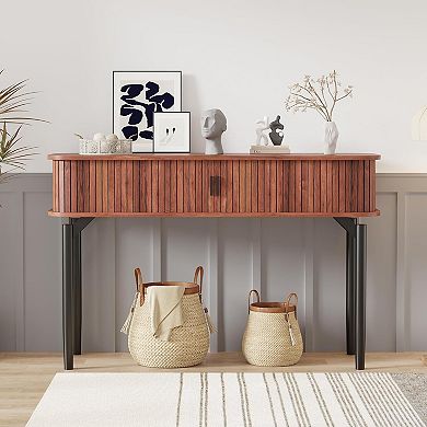 Fluted Console Table with Storage, Wood Sofa Table with Sliding Door, Entryway Table