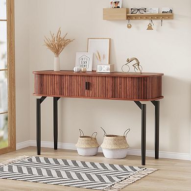 Fluted Console Table with Storage, Wood Sofa Table with Sliding Door, Entryway Table