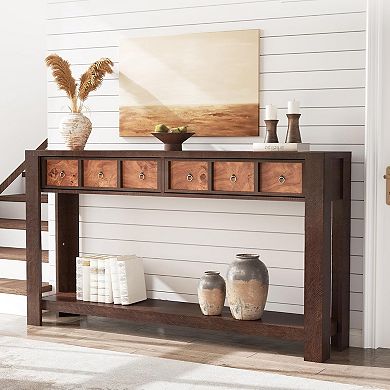 Farmhouse Console Table, Wooden Entryway Table with 2 Drawers & 2-Tier Open Storage Shelf