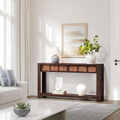 Farmhouse Console Table, Wooden Entryway Table with 2 Drawers & 2-Tier Open Storage Shelf