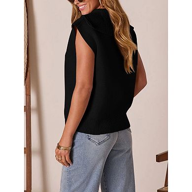 Women Casual Half Zip Pullover Sweater Cap Sleeve Collared Knit Top