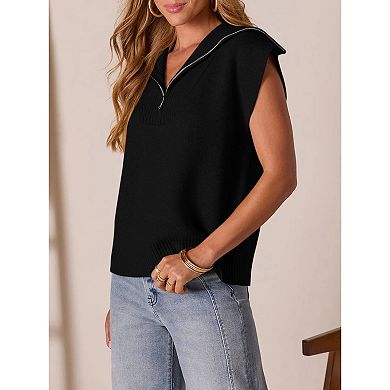 Women Casual Half Zip Pullover Sweater Cap Sleeve Collared Knit Top