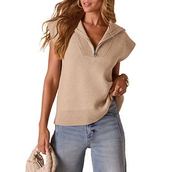 Women Casual Half Zip Pullover Sweater Cap Sleeve Collared Knit Top