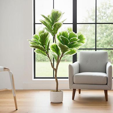 3.28ft Faux Fiddle Leaf Fig with White Planter, Indoor/Outdoor