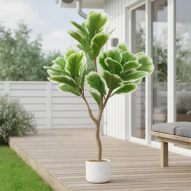 3.28ft Faux Fiddle Leaf Fig with White Planter, Indoor/Outdoor