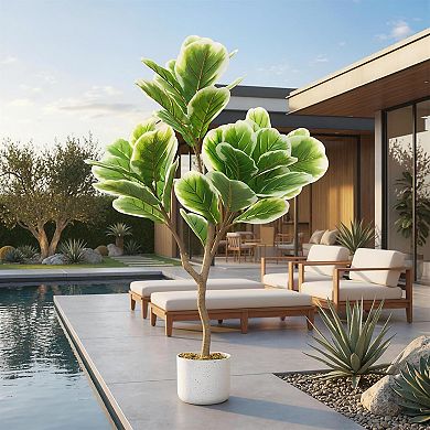 3.28ft Faux Fiddle Leaf Fig with White Planter, Indoor/Outdoor