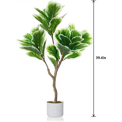 3.28ft Faux Fiddle Leaf Fig with White Planter, Indoor/Outdoor