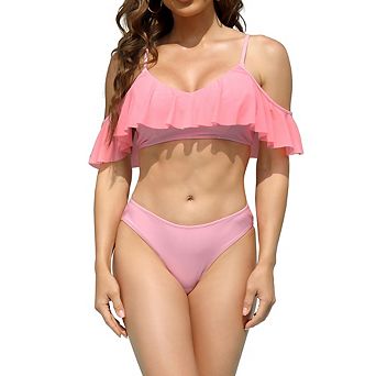 Women Fashion Ruffle Off Shoulder Two Piece Bikini Set High Cut Swimsuit for Beach & Pool