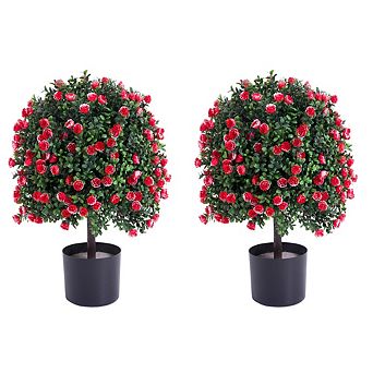 MROOBEST Artificial Rose Topiary Ball in Pot, 21.65" Tall UV Resistant Faux Potted Plant Made of