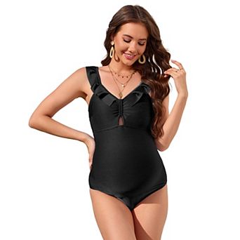 Maternity Swimsuit One Piece V Neck Ruffle Ruched Pregnancy Bathing Suit