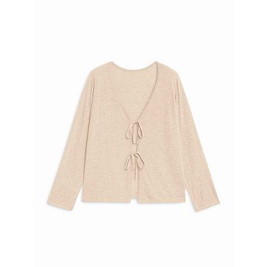 Women's Plus Size Tie Front Cardigan Long Sleeve Soft Knit Open Front Sweater