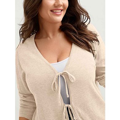 Women's Plus Size Tie Front Cardigan Long Sleeve Soft Knit Open Front Sweater