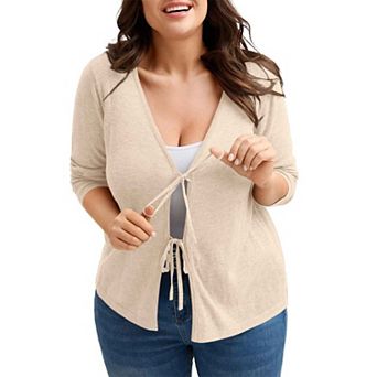 Women's Plus Size Tie Front Cardigan Long Sleeve Soft Knit Open Front Sweater
