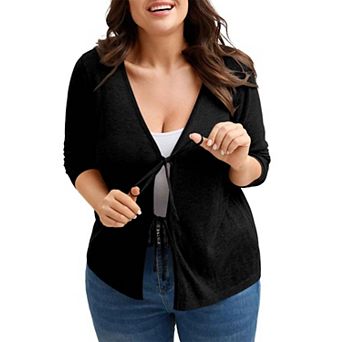Women's Plus Size Tie Front Cardigan Long Sleeve Soft Knit Open Front Sweater