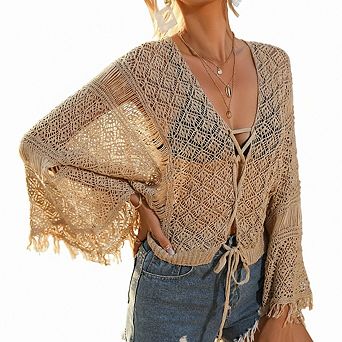 Womens Crochet Cardigan Summer Swimsuit Cover Up Beach Knit Swimwear Top