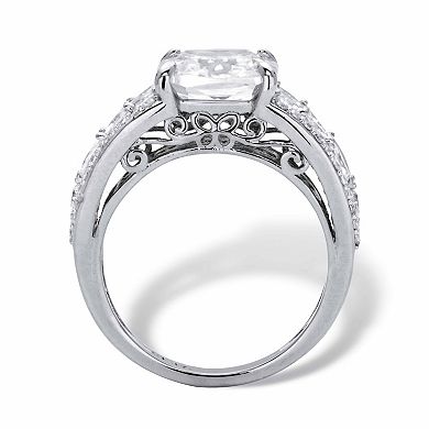4.35 Cttw. Cushion-Cut Cubic Zirconia Platinum-plated Silver Engagement Ring