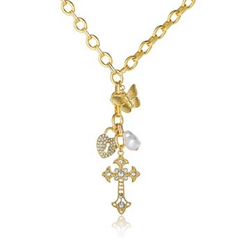 Jessica Simpson Gold-Tone Charm Link Necklace with Cross, Heart & Pearl Accents