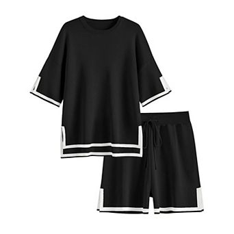 Ekouaer Womens Knit Lounge Set 2 pc Sweater Sets Short Sleeve Sweatsuit Pullover Tops