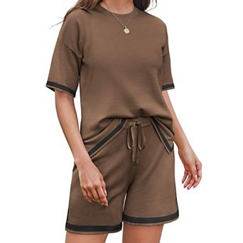 Ekouaer Womens Knit Lounge Set 2 pc Sweater Sets Short Sleeve Sweatsuit Pullover Tops