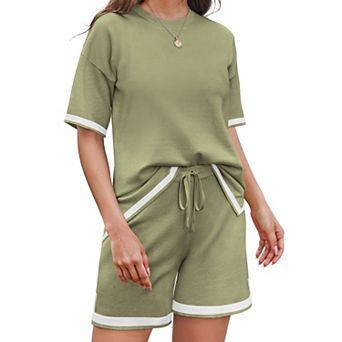 Ekouaer Womens Knit Lounge Set 2 pc Sweater Sets Short Sleeve Sweatsuit Pullover Tops