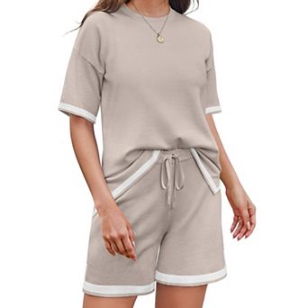 Ekouaer Womens Knit Lounge Set 2 pc Sweater Sets Short Sleeve Sweatsuit Pullover Tops