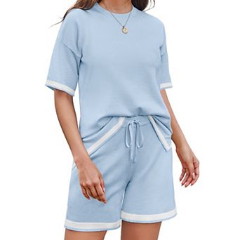 Ekouaer Womens Knit Lounge Set 2 pc Sweater Sets Short Sleeve Sweatsuit Pullover Tops
