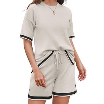 Ekouaer Womens Knit Lounge Set 2 pc Sweater Sets Short Sleeve Sweatsuit Pullover Tops