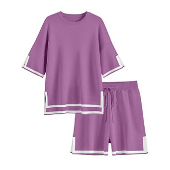 Ekouaer Womens Knit Lounge Set 2 pc Sweater Sets Short Sleeve Sweatsuit Pullover Tops