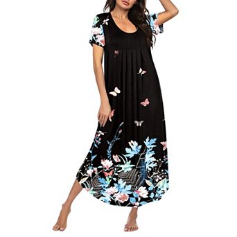 Ekouaer Long Nightgowns for Women Soft House Dress Pleated Front Nightshirt Full Length Loungwear