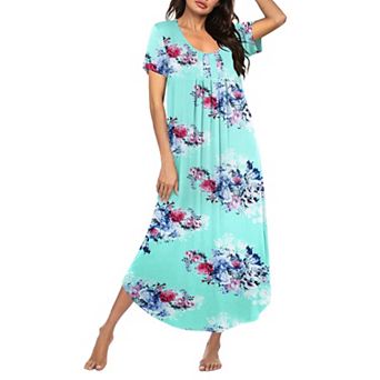 Ekouaer Long Nightgowns for Women Soft House Dress Pleated Front Nightshirt Full Length Loungwear