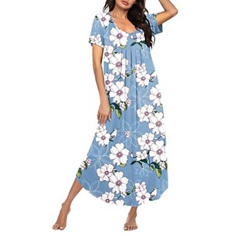 Ekouaer Long Nightgowns for Women Soft House Dress Pleated Front Nightshirt Full Length Loungwear