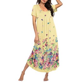 Ekouaer Long Nightgowns for Women Soft House Dress Pleated Front Nightshirt Full Length Loungwear