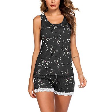 Ekouaer Women's 2 piece Lace-Trim Tank & Shorts Pajama Set