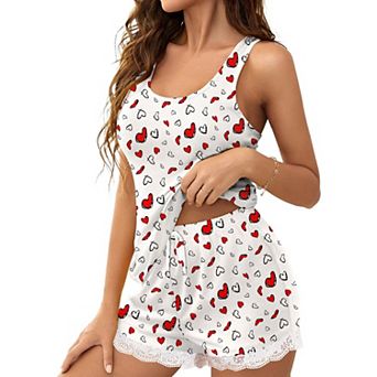 Ekouaer Women's 2 pc Lace-Trim Tank & Shorts Pajama Set