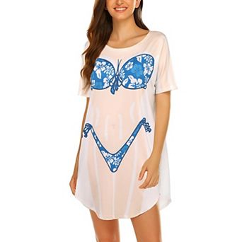 Ekouaer Womens Bikini Shirt Cover Up Short Sleeve Bikini Print Cover-Up Baggy T Shirt Dress Fun Wear