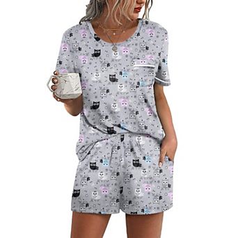 Ekouaer Womens Pajamas Sets Shorts 2 pc Short Sleeve Lounge Sets Round Neck Sleepwear Soft Pjs