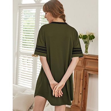 Ekouaer Nightgowns for Women Cotton Night Gown Short Sleeve Sleepwear V Neck Color Block Sleep