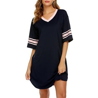 Ekouaer Nightgowns for Women Cotton Night Gown Short Sleeve Sleepwear V Neck Color Block Sleep