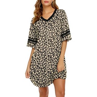 Ekouaer Nightgowns for Women Cotton Night Gown Short Sleeve Sleepwear V Neck Color Block Sleep