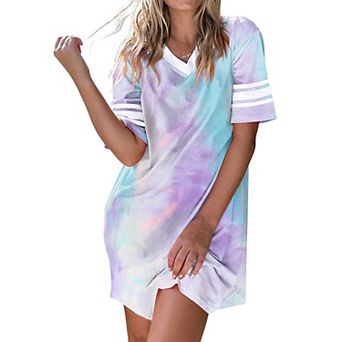 Ekouaer Nightgowns for Women Cotton Night Gown Short Sleeve Sleepwear V Neck Color Block Sleep