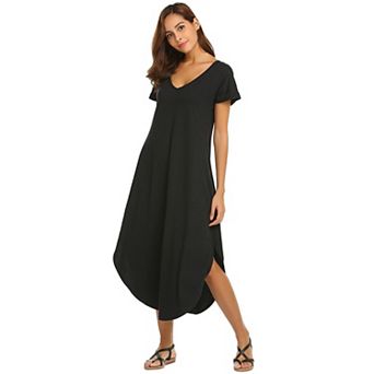 Ekouaer Long Nightgowns for Women Short Sleeve House Dress with Pockets V Neck Sleepshirts Side