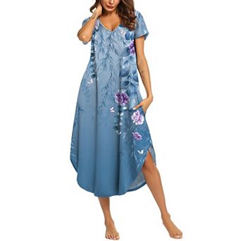 Ekouaer Long Nightgowns for Women Short Sleeve House Dress with Pockets V Neck Sleepshirts Side