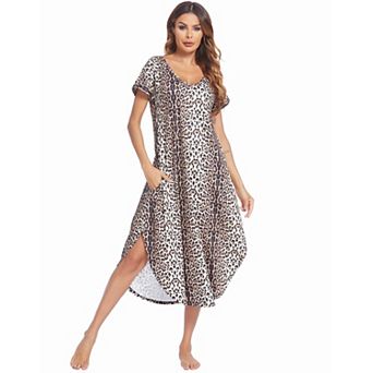 Ekouaer Long Nightgowns for Women Short Sleeve House Dress with Pockets V Neck Sleepshirts Side