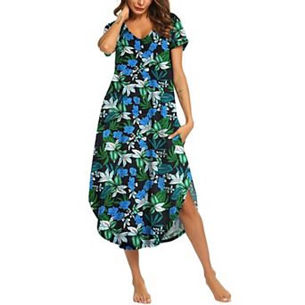 Ekouaer Long Nightgowns for Women Short Sleeve House Dress with Pockets V Neck Sleepshirts Side