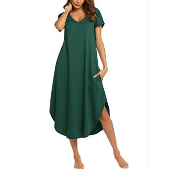 Ekouaer Long Nightgowns for Women Short Sleeve House Dress with Pockets V Neck Sleepshirts Side