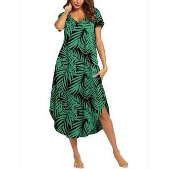 Ekouaer Long Nightgowns for Women Short Sleeve House Dress with Pockets V Neck Sleepshirts Side