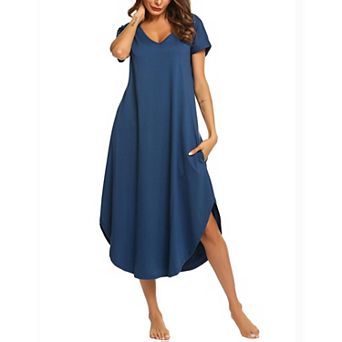 Ekouaer Long Nightgowns for Women Short Sleeve House Dress with Pockets V Neck Sleepshirts Side