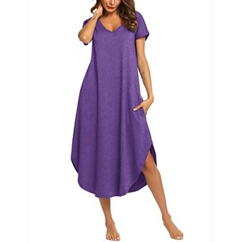 Ekouaer Long Nightgowns for Women Short Sleeve House Dress with Pockets V Neck Sleepshirts Side