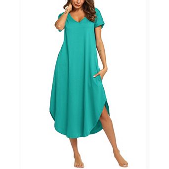 Ekouaer Long Nightgowns for Women Short Sleeve House Dress with Pockets V Neck Sleepshirts Side