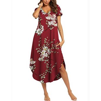 Ekouaer Long Nightgowns for Women Short Sleeve House Dress with Pockets V Neck Sleepshirts Side